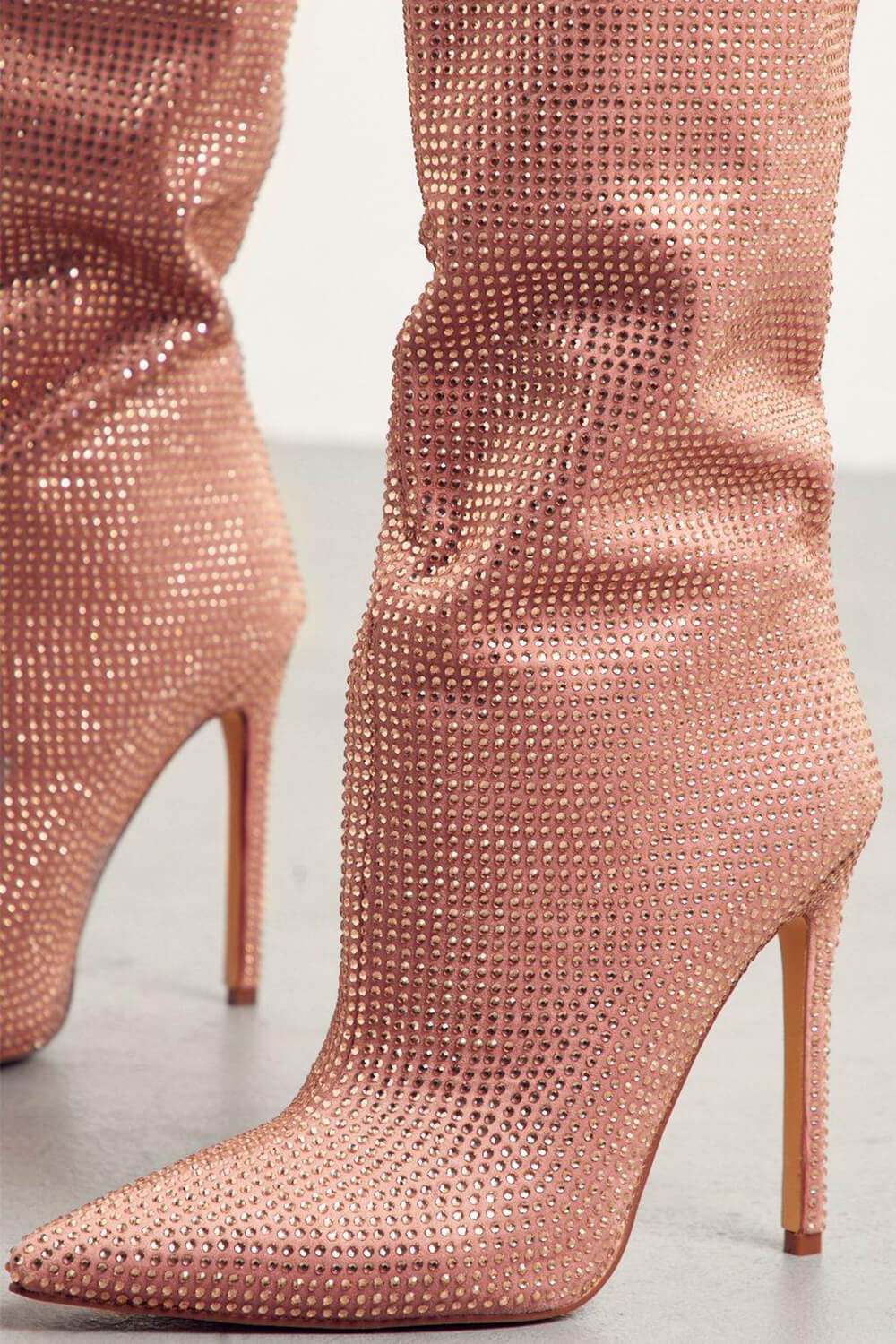 Gem Embellished Diamante Pointed Toe Stiletto Heel Knee High Long Boot - Red/Pink/Silver/Green