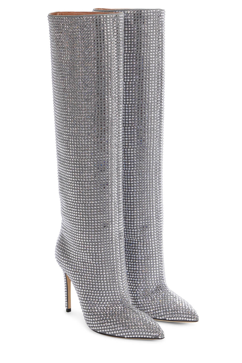 Gem Embellished Diamante Pointed Toe Stiletto Heel Knee High Long Boot - Red/Pink/Silver/Green