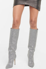 Gem Embellished Diamante Pointed Toe Stiletto Heel Knee High Long Boot - Red/Pink/Silver/Green
