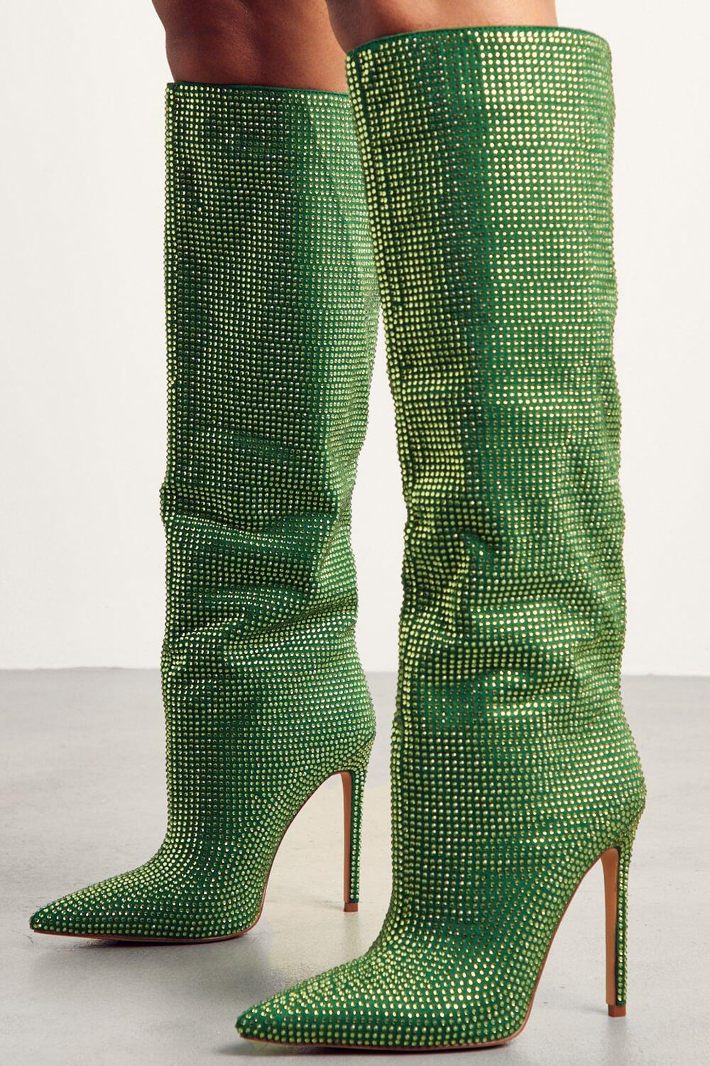 Gem Embellished Diamante Pointed Toe Stiletto Heel Knee High Long Boot - Red/Pink/Silver/Green