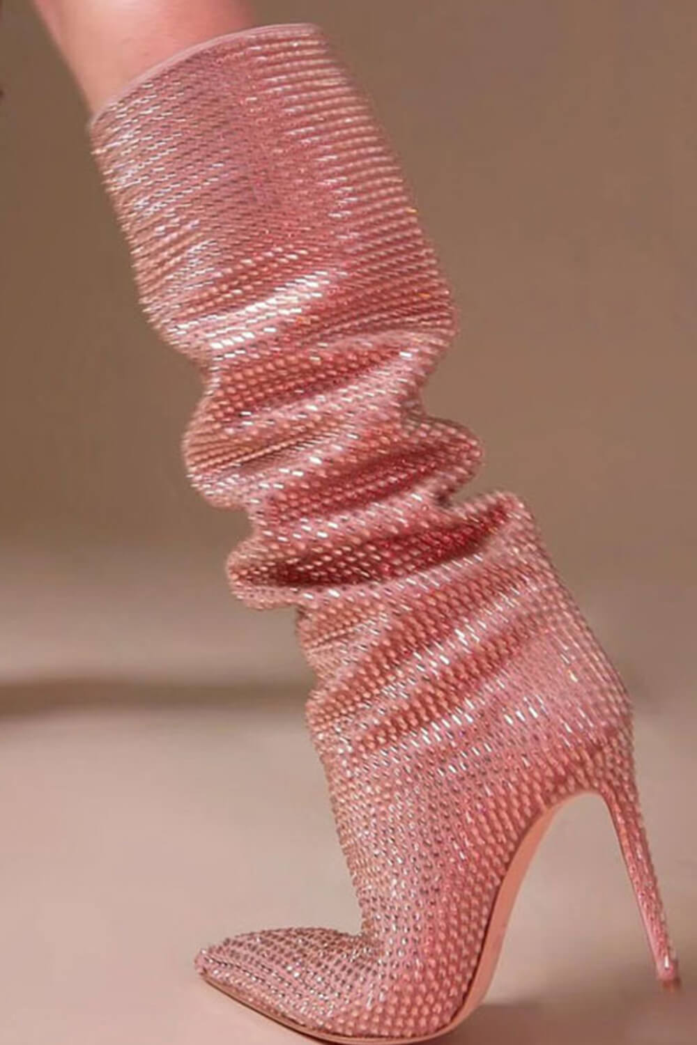 Gem Embellished Diamante Pointed Toe Stiletto Heel Knee High Long Boot - Red/Pink/Silver/Green