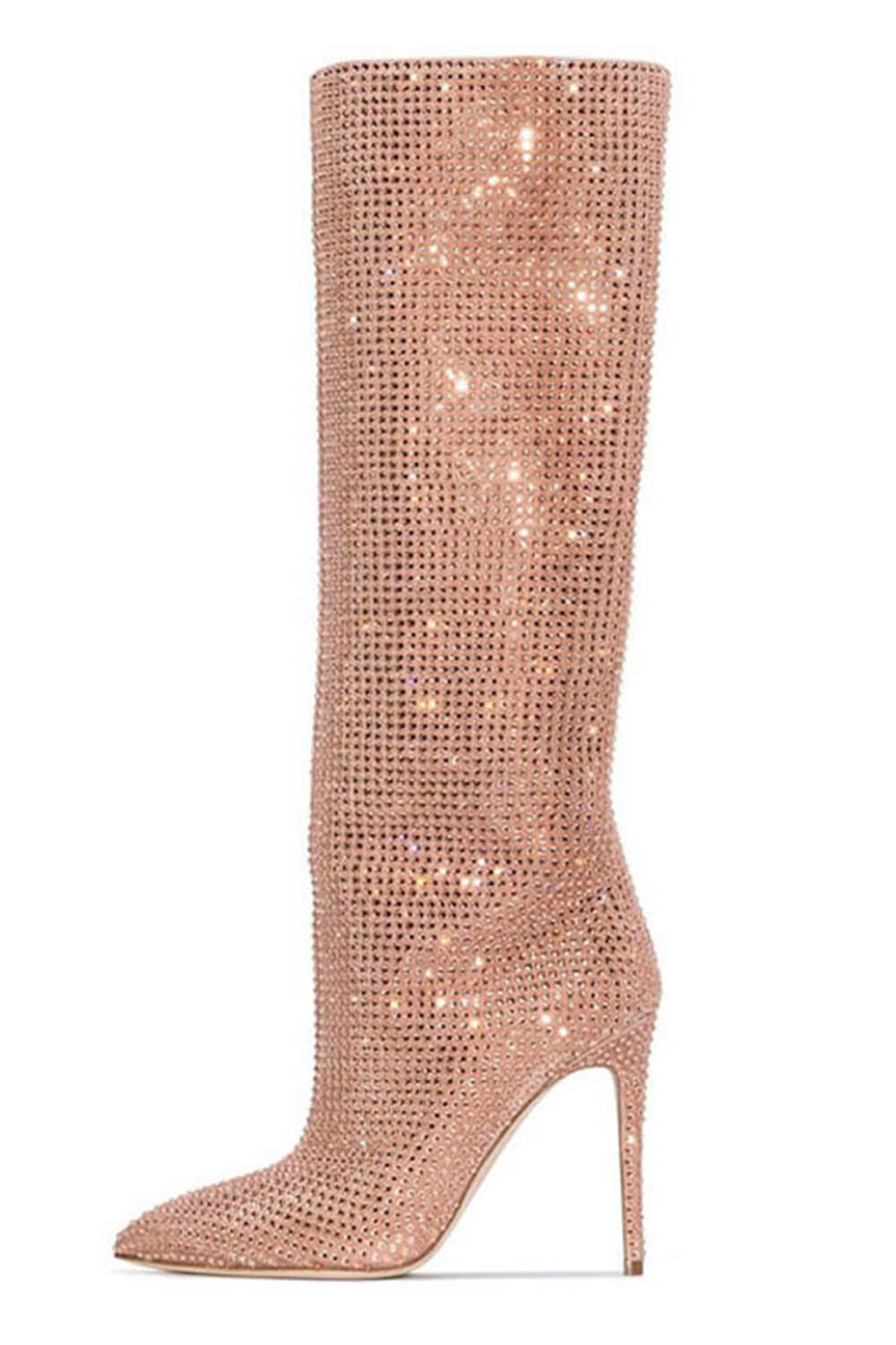 Gem Embellished Diamante Pointed Toe Stiletto Heel Knee High Long Boot - Red/Pink/Silver/Green