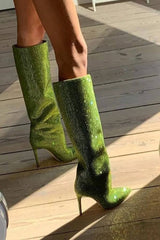 Gem Embellished Diamante Pointed Toe Stiletto Heel Knee High Long Boot - Red/Pink/Silver/Green