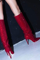 Gem Embellished Diamante Pointed Toe Stiletto Heel Knee High Long Boot - Red/Pink/Silver/Green