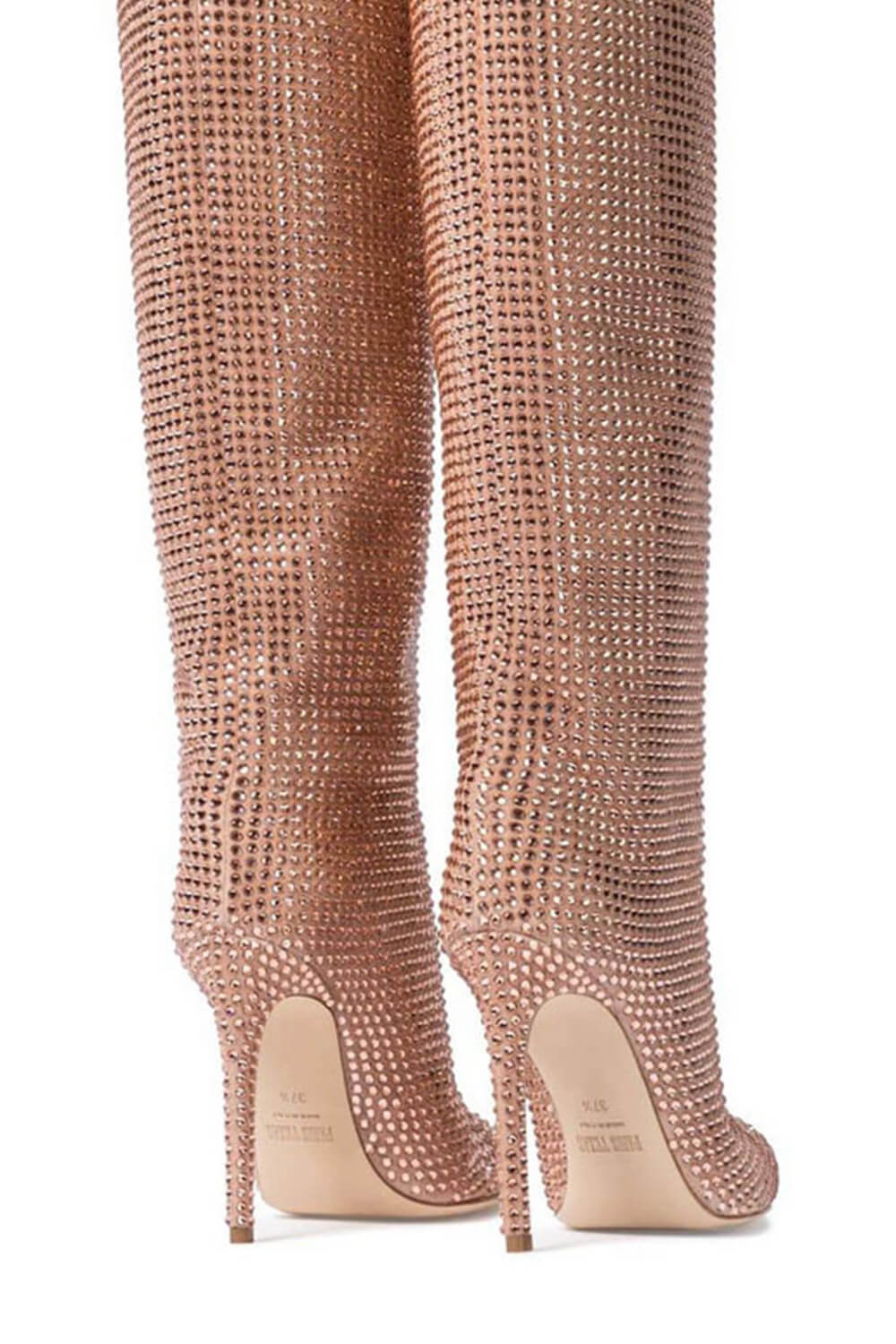 Gem Embellished Diamante Pointed Toe Stiletto Heel Knee High Long Boot - Red/Pink/Silver/Green