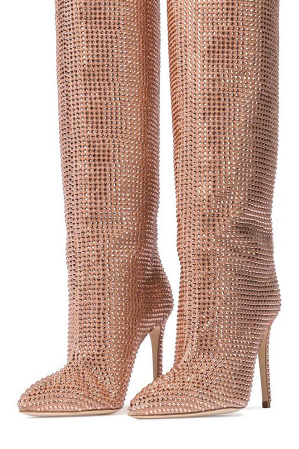 Gem Embellished Diamante Pointed Toe Stiletto Heel Knee High Long Boot - Red/Pink/Silver/Green