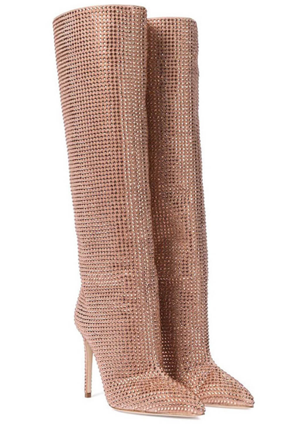 Gem Embellished Diamante Pointed Toe Stiletto Heel Knee High Long Boot - Red/Pink/Silver/Green