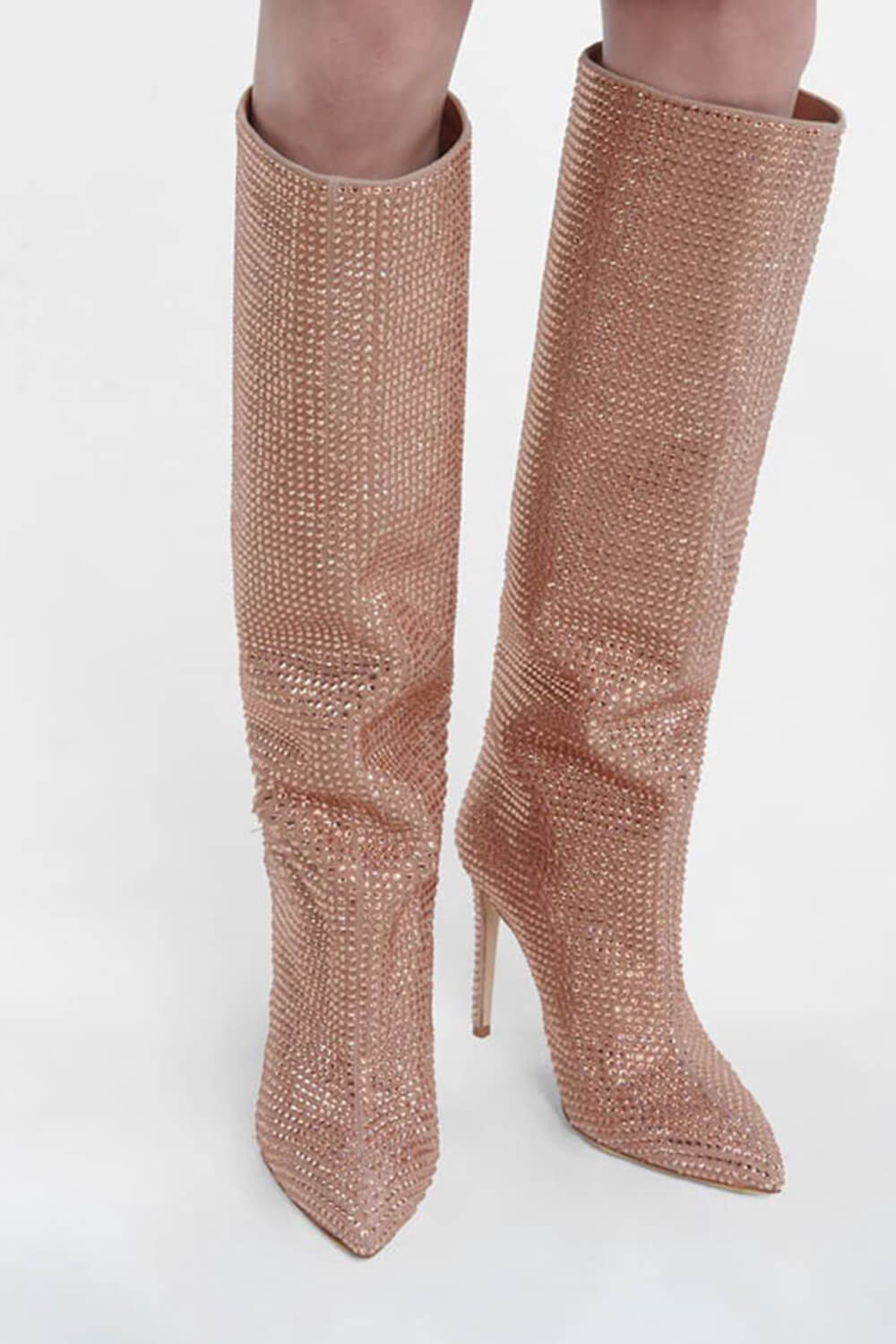 Gem Embellished Diamante Pointed Toe Stiletto Heel Knee High Long Boot - Red/Pink/Silver/Green