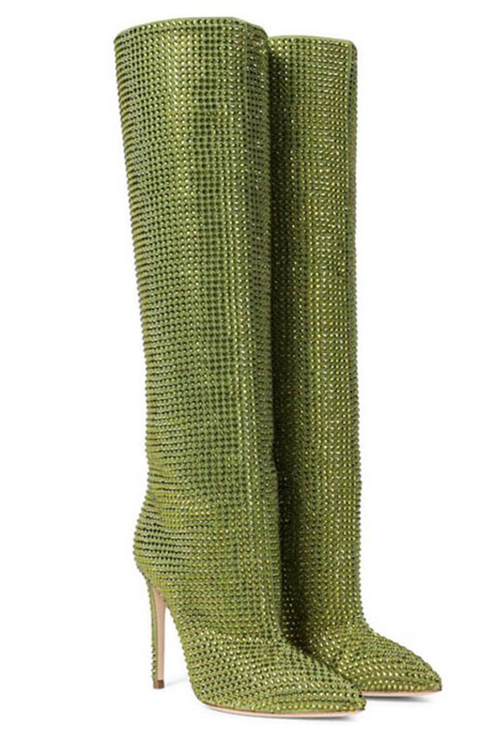 Gem Embellished Diamante Pointed Toe Stiletto Heel Knee High Long Boot - Red/Pink/Silver/Green