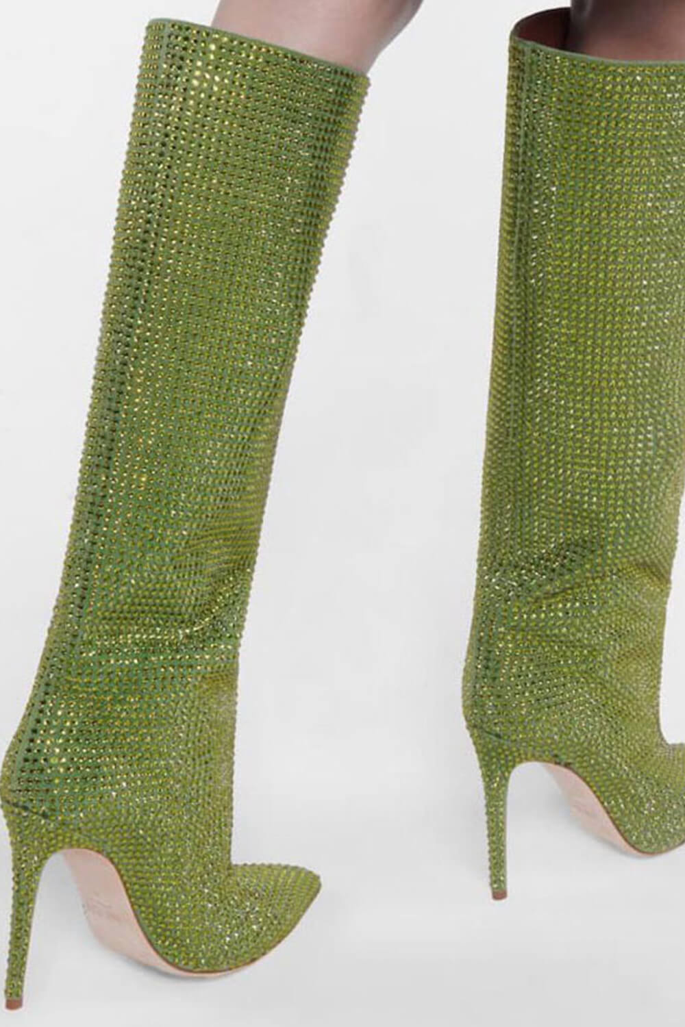 Gem Embellished Diamante Pointed Toe Stiletto Heel Knee High Long Boot - Red/Pink/Silver/Green