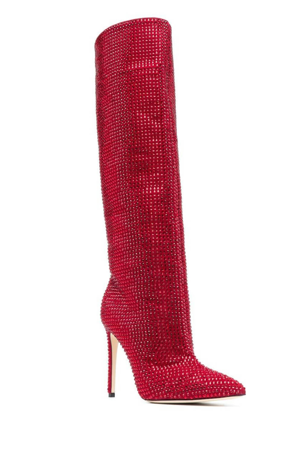 Gem Embellished Diamante Pointed Toe Stiletto Heel Knee High Long Boot - Red/Pink/Silver/Green