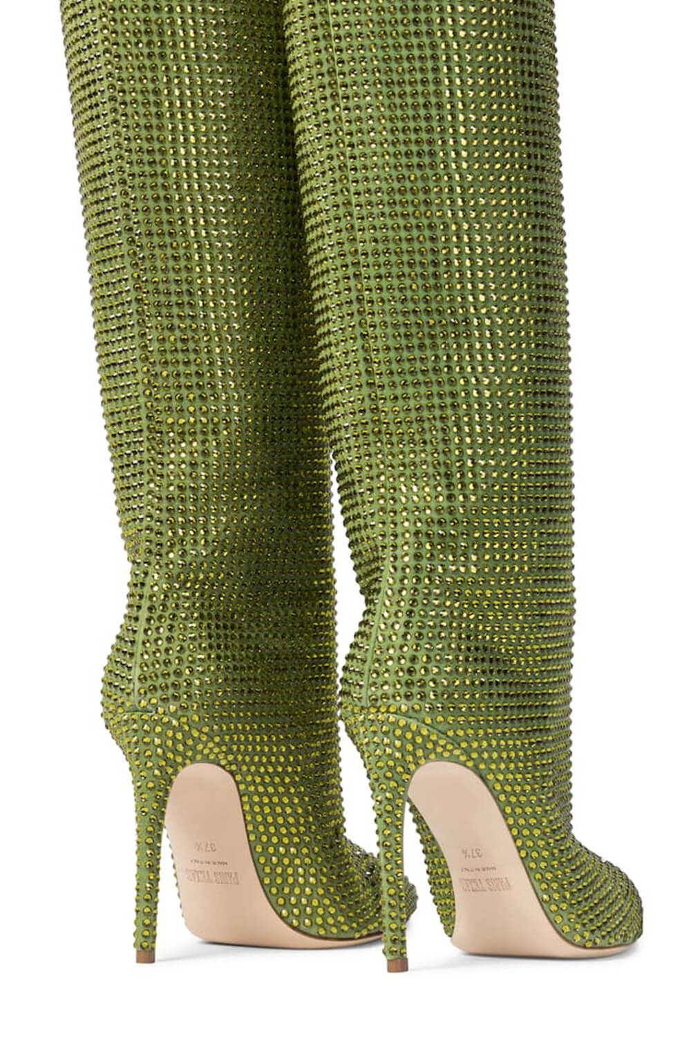 Gem Embellished Diamante Pointed Toe Stiletto Heel Knee High Long Boot - Red/Pink/Silver/Green