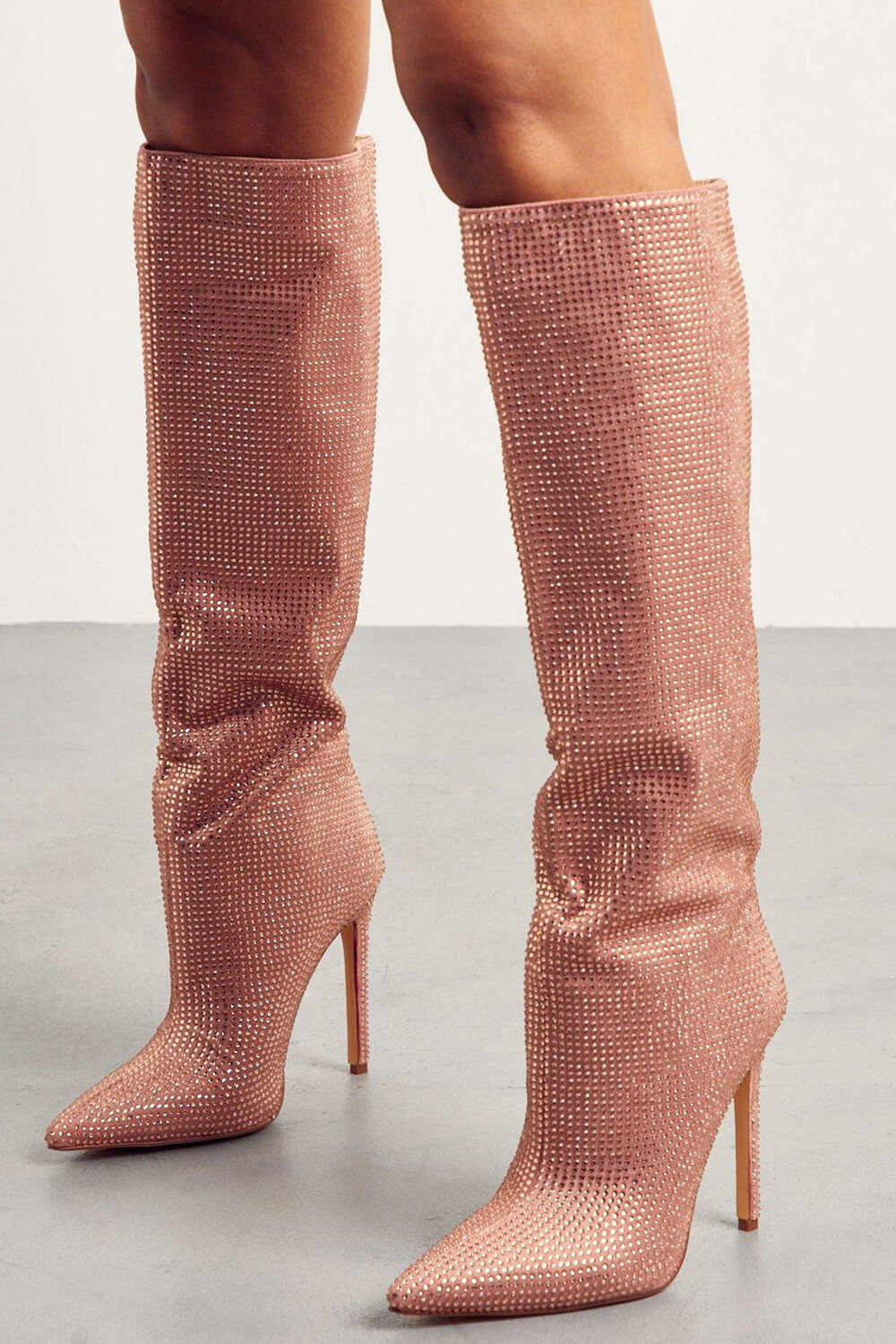 Gem Embellished Diamante Pointed Toe Stiletto Heel Knee High Long Boot - Red/Pink/Silver/Green
