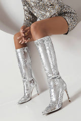 Sequin Pointed Toe Stiletto Heel Knee High Long Boot - Green/Black/Silver/Gold