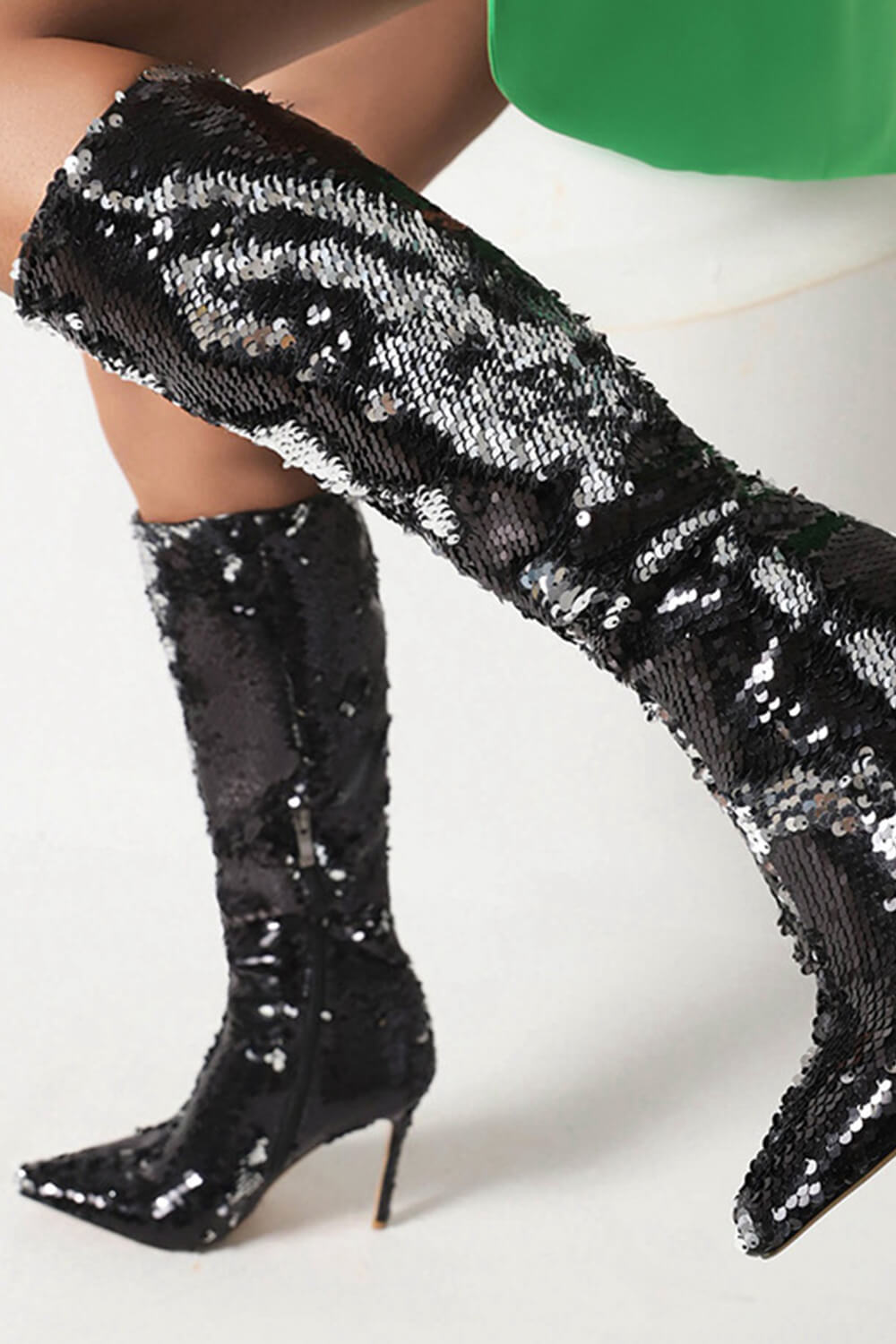 Sequin Pointed Toe Stiletto Heel Knee High Long Boot - Green/Black/Silver/Gold