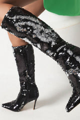 Sequin Pointed Toe Stiletto Heel Knee High Long Boot - Green/Black/Silver/Gold