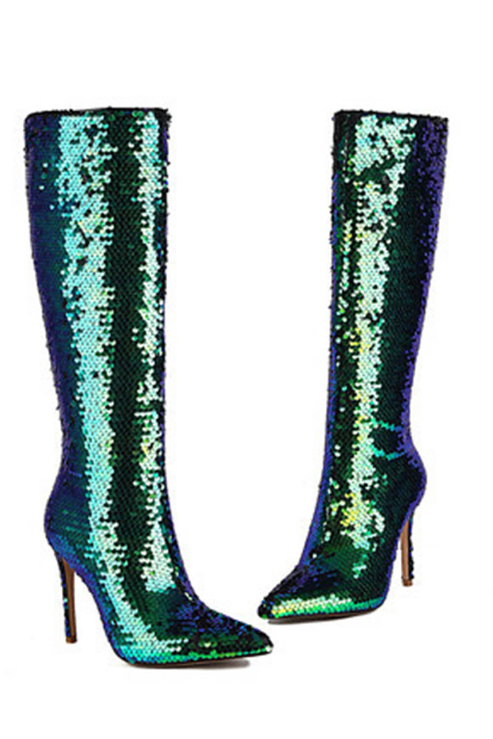 Sequin Pointed Toe Stiletto Heel Knee High Long Boot - Green/Black/Silver/Gold