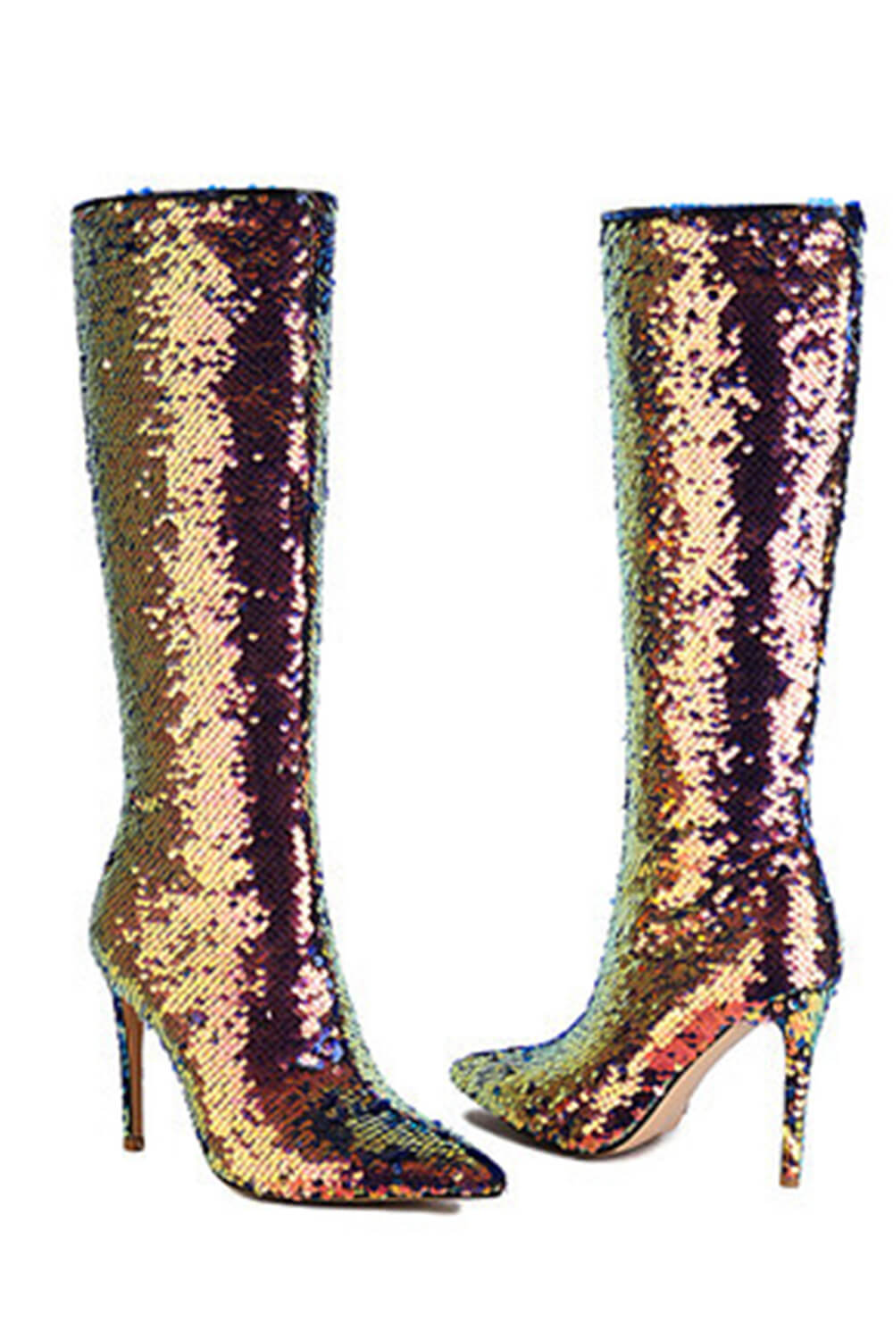 Sequin Pointed Toe Stiletto Heel Knee High Long Boot - Green/Black/Silver/Gold