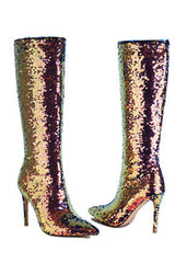Sequin Pointed Toe Stiletto Heel Knee High Long Boot - Green/Black/Silver/Gold
