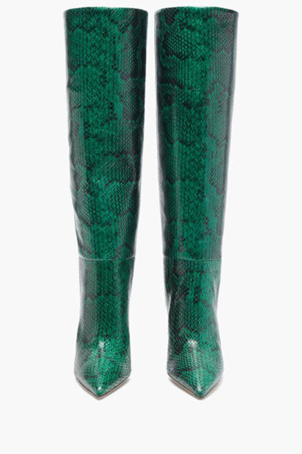 Green Python Print Pointed Toe Stiletto Heel Knee High Boots