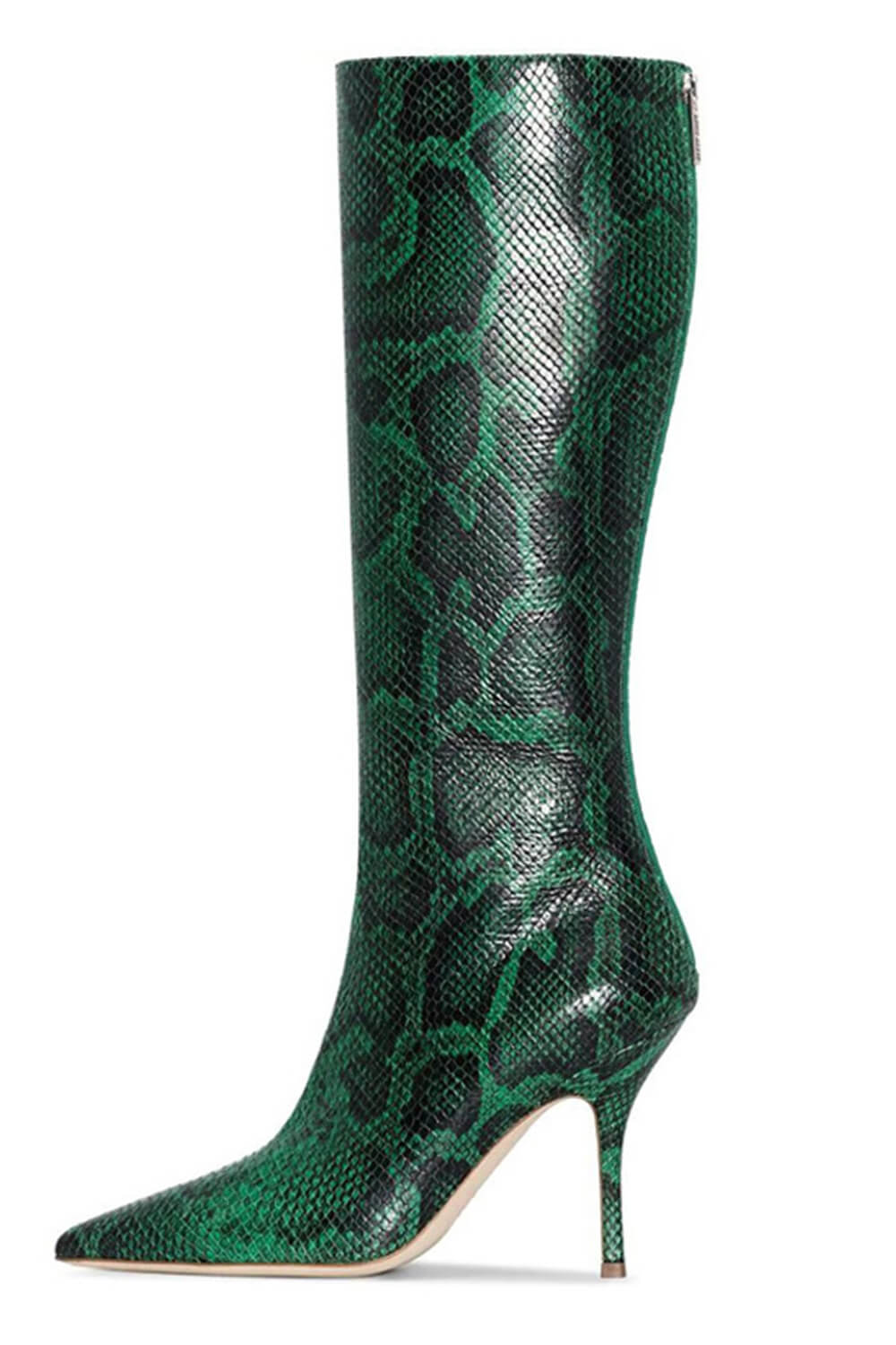 Green Python Print Pointed Toe Stiletto Heel Knee High Boots
