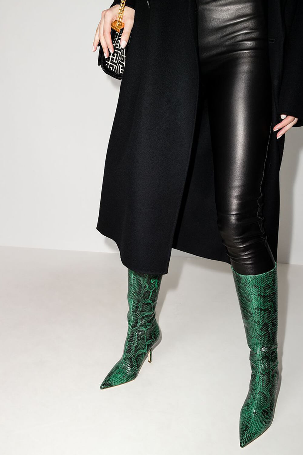 Green Python Print Pointed Toe Stiletto Heel Knee High Boots