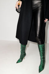 Green Python Print Pointed Toe Stiletto Heel Knee High Boots