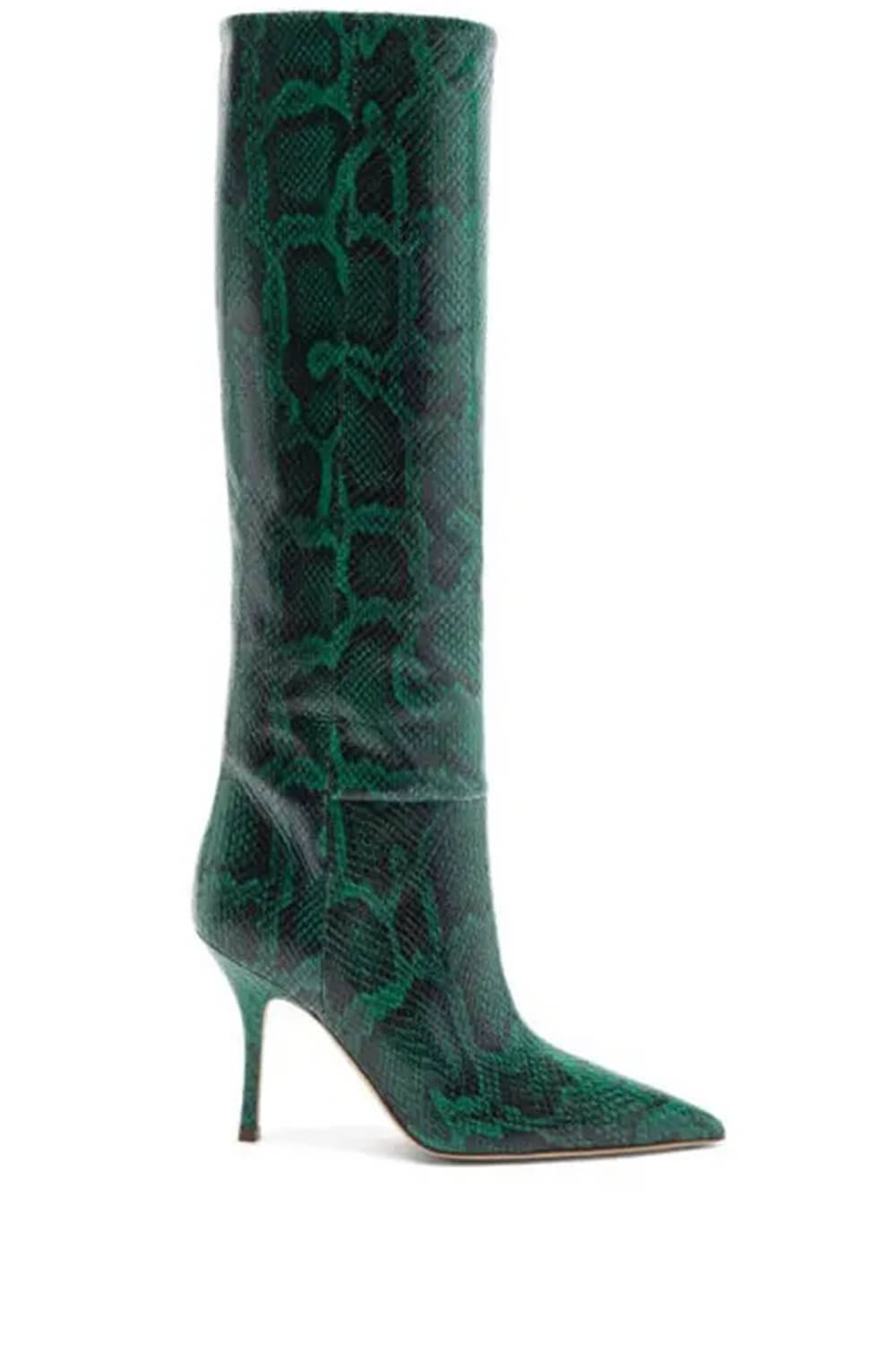 Green Python Print Pointed Toe Stiletto Heel Knee High Boots