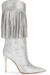 Crystal Fringe Faux Suede Mid Calf Pointed Toe Stiletto Heel Boots