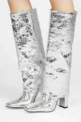 Faux Leather Folded Over Square Toe Block Heeled Knee High Long Boots - Silver