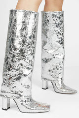 Faux Leather Folded Over Square Toe Block Heeled Knee High Long Boots - Silver