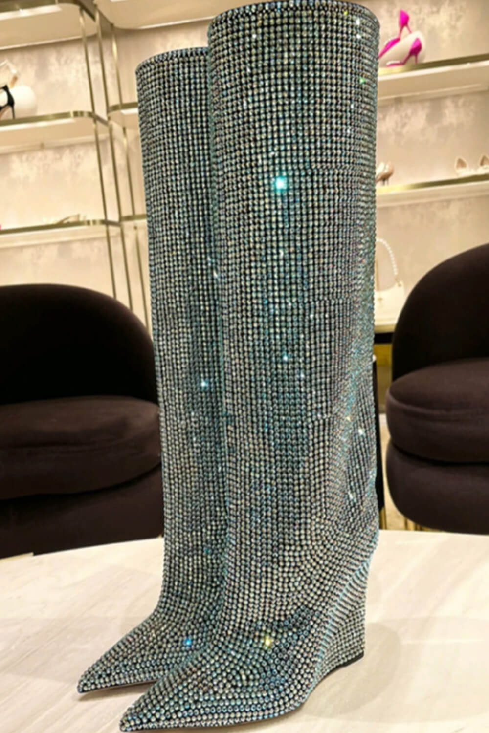 Crystal Embellished Faux Suede Wedge Heel Knee Boots - Purple/Light Blue/Black/Silver