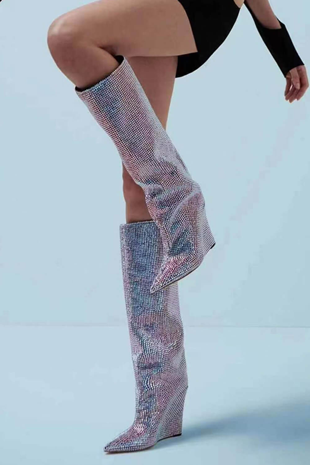 Crystal Embellished Faux Suede Wedge Heel Knee Boots - Purple/Light Blue/Black/Silver