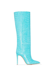 Croc-Effect Faux Leather Pointed Toe Stiletto Heel Knee High Boots