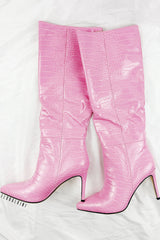 Croc-Effect Faux Leather Pointed Toe Stiletto Heel Knee High Boots - Pink