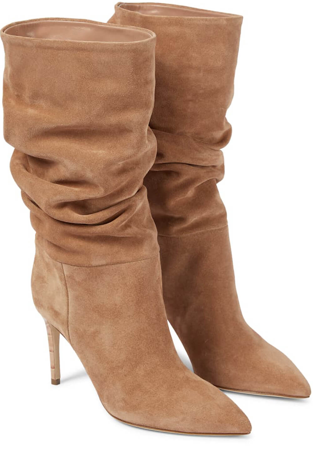 Ruched Faux Suede Slouch Slip-On Mid-Calf Pointed Toe Stiletto Heel Boots - Black/Beige/Hot Pink/Brown