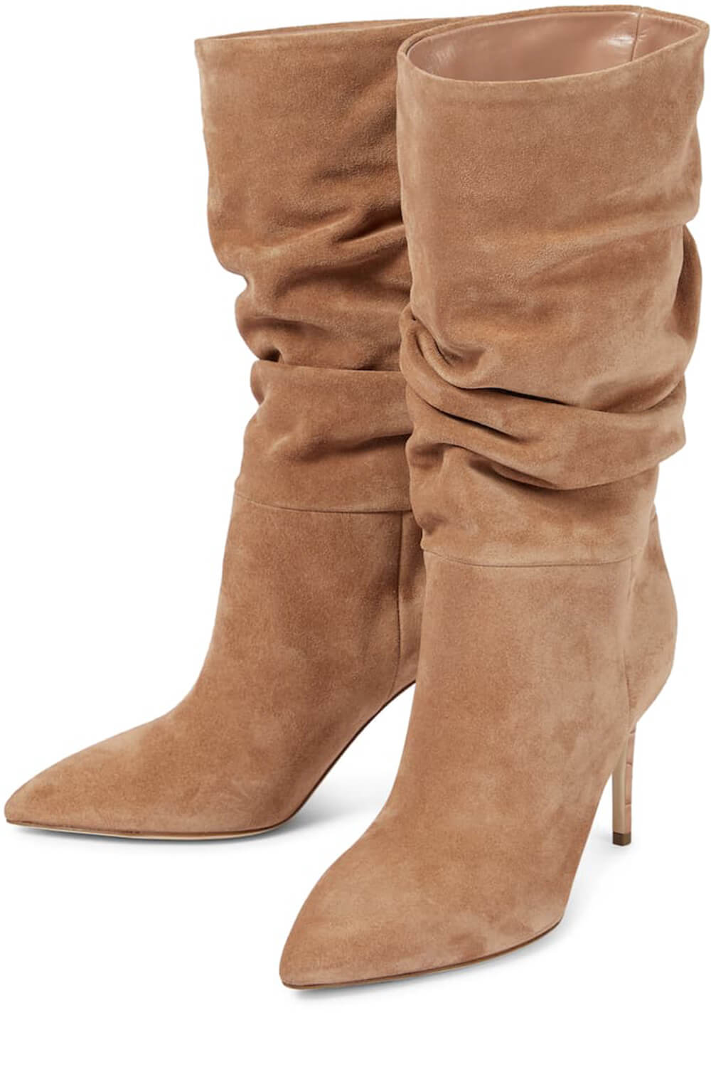 Ruched Faux Suede Slouch Slip-On Mid-Calf Pointed Toe Stiletto Heel Boots - Black/Beige/Hot Pink/Brown