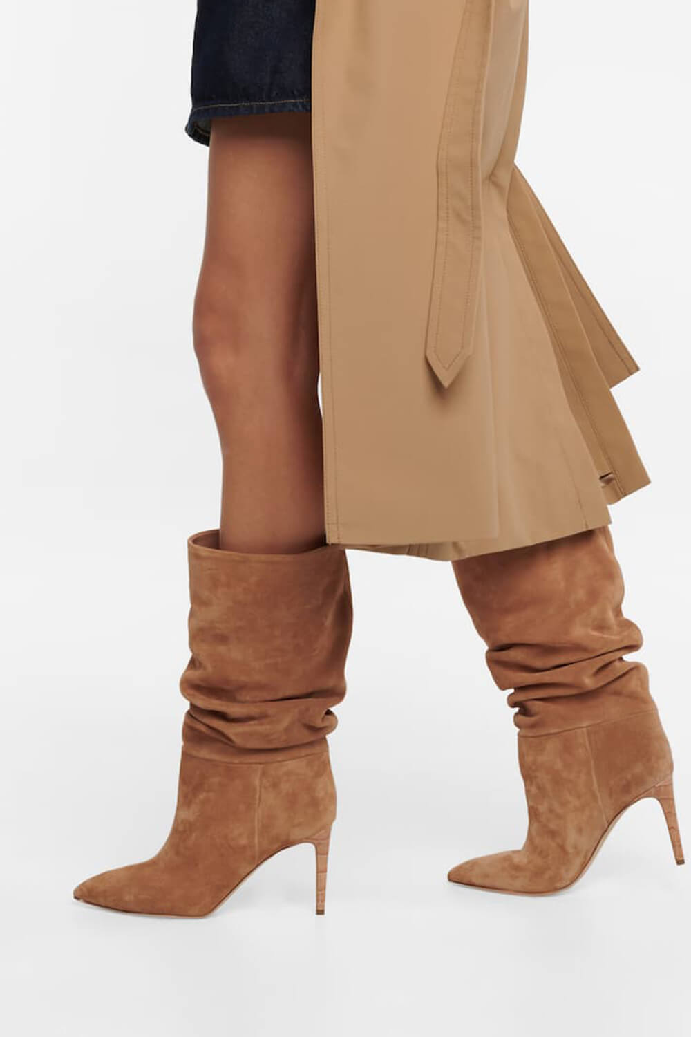 Ruched Faux Suede Slouch Slip-On Mid-Calf Pointed Toe Stiletto Heel Boots - Black/Beige/Hot Pink/Brown