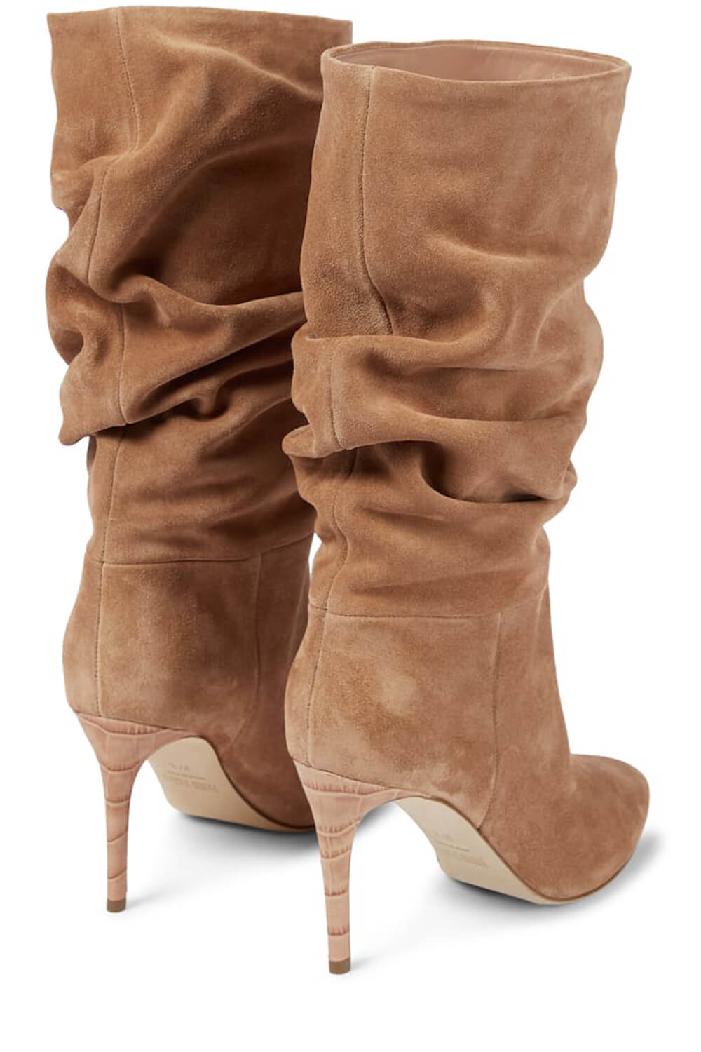 Ruched Faux Suede Slouch Slip-On Mid-Calf Pointed Toe Stiletto Heel Boots - Black/Beige/Hot Pink/Brown