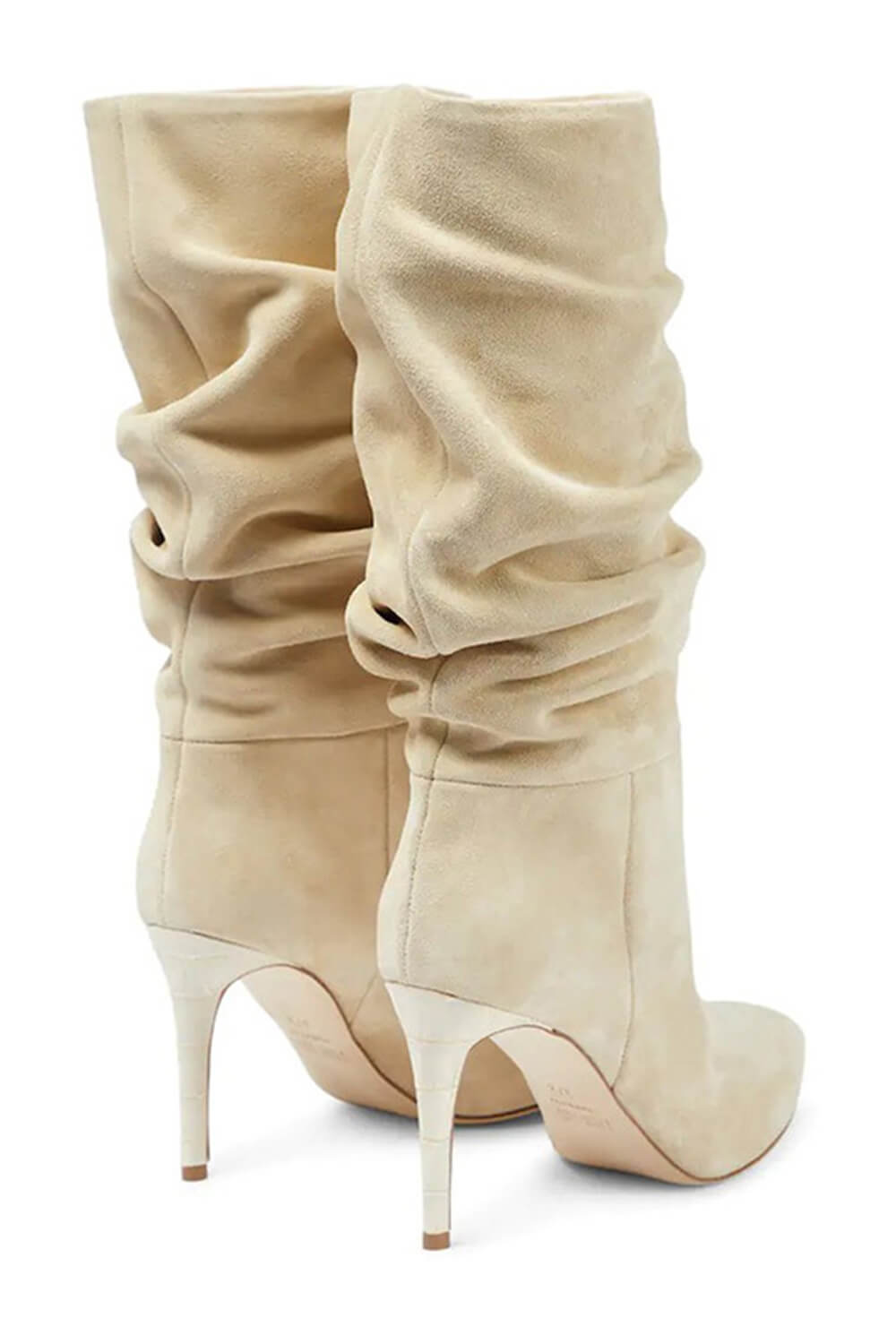 Ruched Faux Suede Slouch Slip-On Mid-Calf Pointed Toe Stiletto Heel Boots - Black/Beige/Hot Pink/Brown