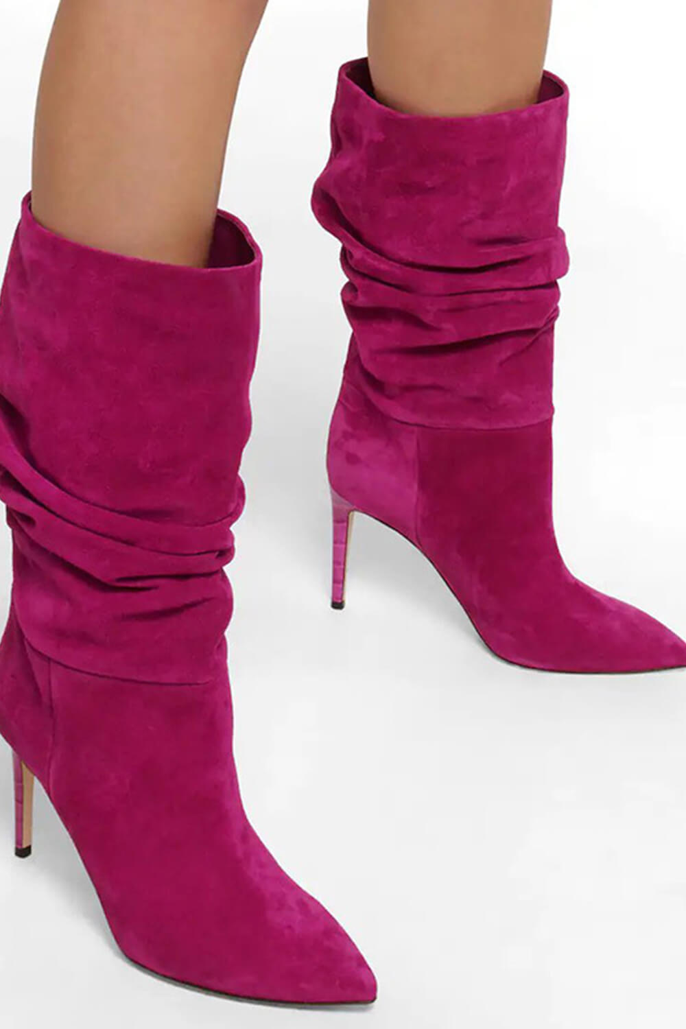 Ruched Faux Suede Slouch Slip-On Mid-Calf Pointed Toe Stiletto Heel Boots - Black/Beige/Hot Pink/Brown