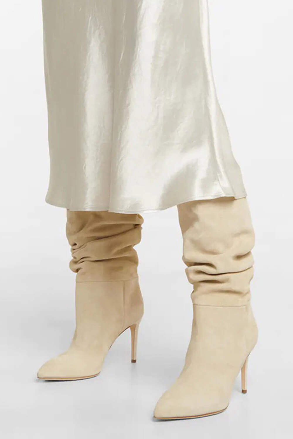 Ruched Faux Suede Slouch Slip-On Mid-Calf Pointed Toe Stiletto Heel Boots - Black/Beige/Hot Pink/Brown