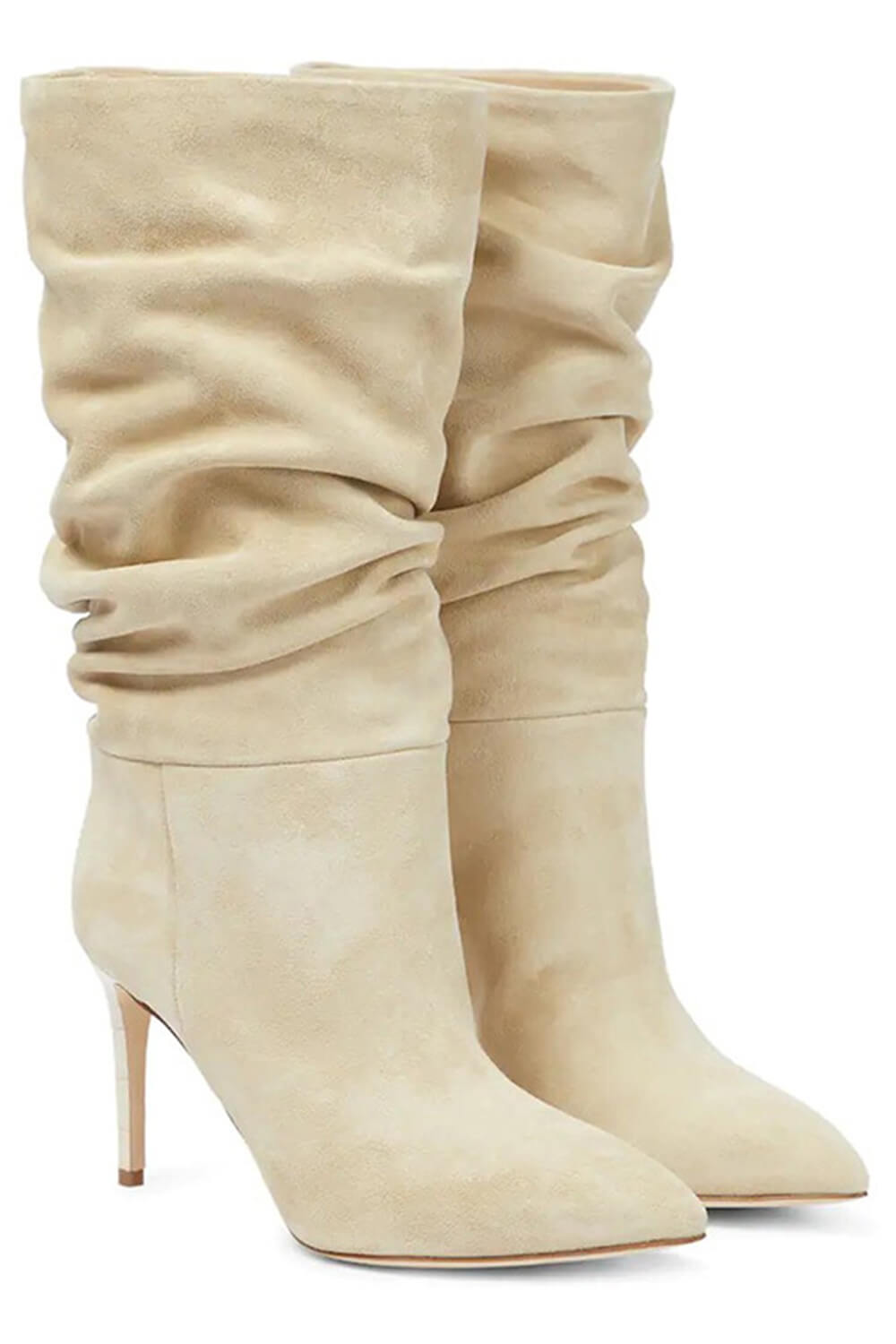 Ruched Faux Suede Slouch Slip-On Mid-Calf Pointed Toe Stiletto Heel Boots - Black/Beige/Hot Pink/Brown