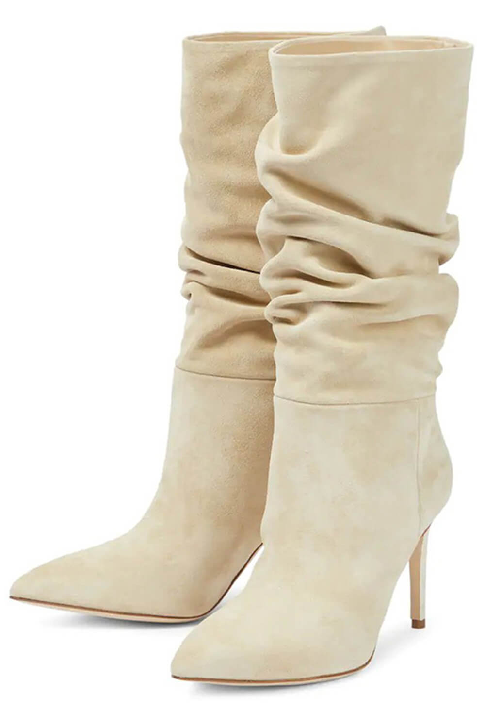 Ruched Faux Suede Slouch Slip-On Mid-Calf Pointed Toe Stiletto Heel Boots - Black/Beige/Hot Pink/Brown