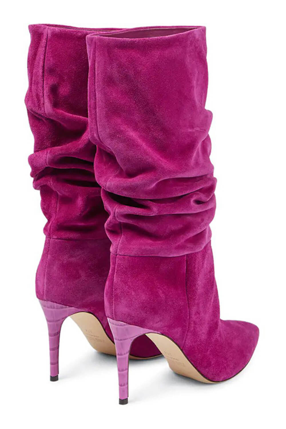 Ruched Faux Suede Slouch Slip-On Mid-Calf Pointed Toe Stiletto Heel Boots - Black/Beige/Hot Pink/Brown