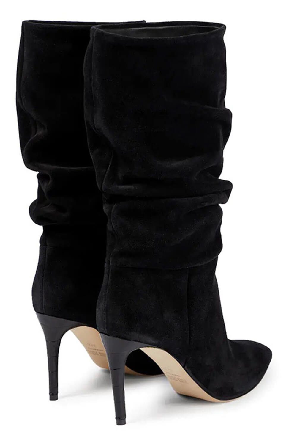 Ruched Faux Suede Slouch Slip-On Mid-Calf Pointed Toe Stiletto Heel Boots - Black/Beige/Hot Pink/Brown
