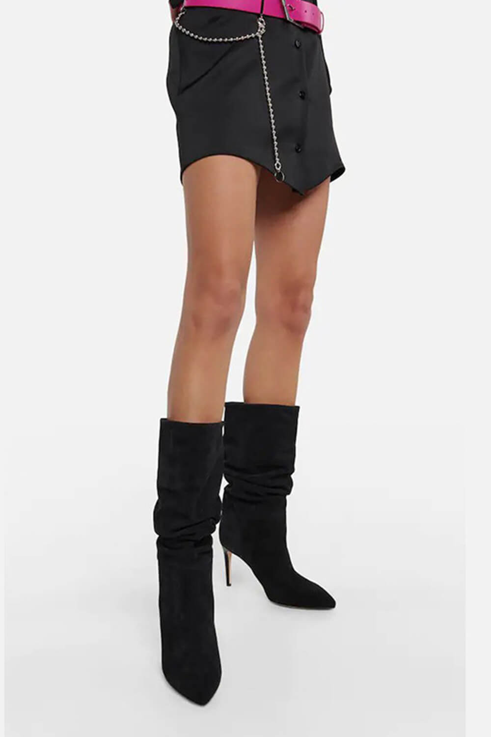 Ruched Faux Suede Slouch Slip-On Mid-Calf Pointed Toe Stiletto Heel Boots - Black/Beige/Hot Pink/Brown