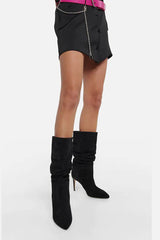 Ruched Faux Suede Slouch Slip-On Mid-Calf Pointed Toe Stiletto Heel Boots - Black/Beige/Hot Pink/Brown