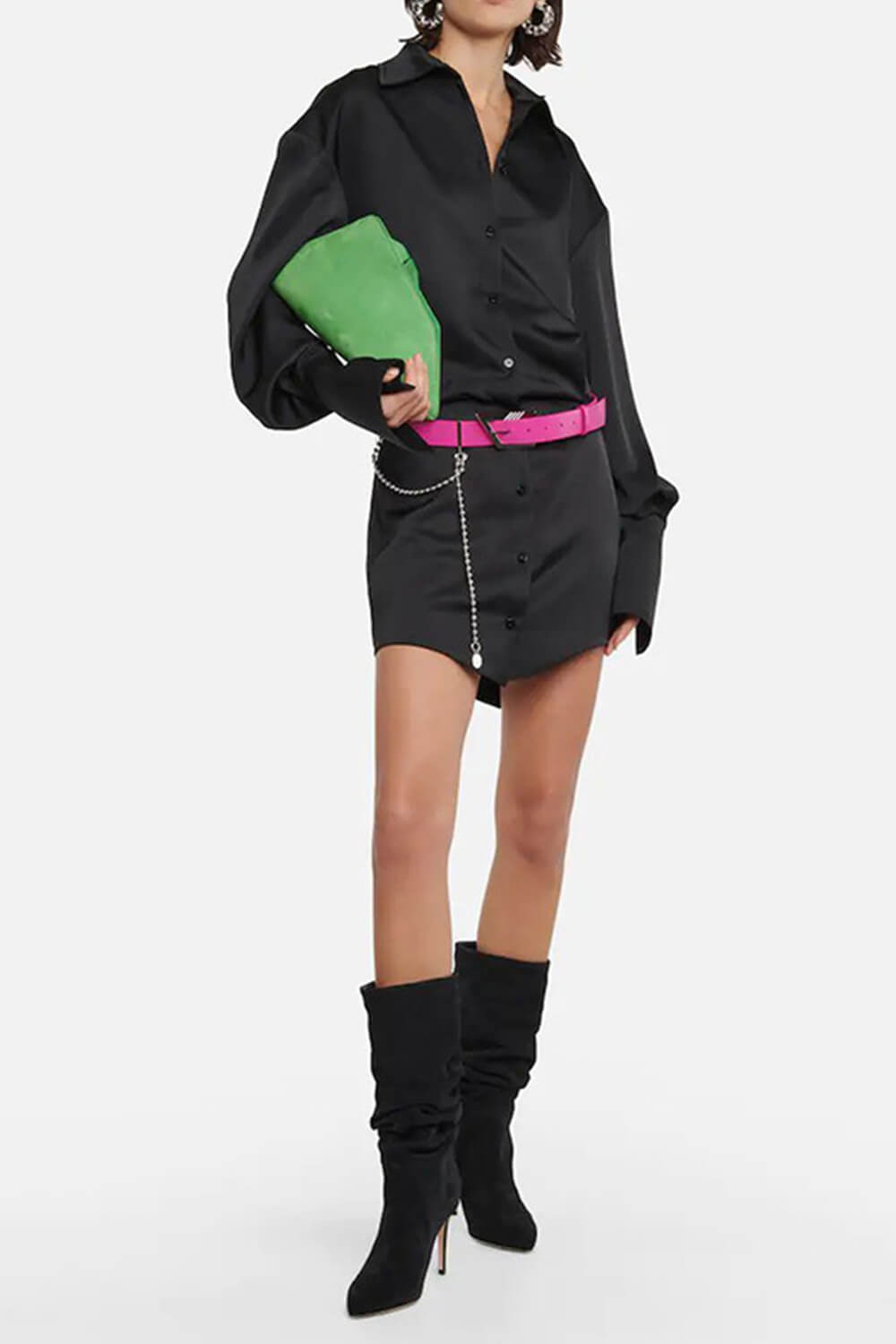 Ruched Faux Suede Slouch Slip-On Mid-Calf Pointed Toe Stiletto Heel Boots - Black/Beige/Hot Pink/Brown
