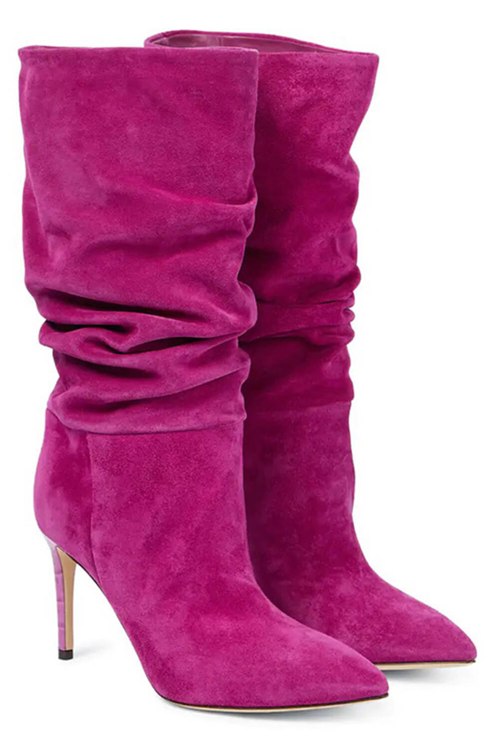 Ruched Faux Suede Slouch Slip-On Mid-Calf Pointed Toe Stiletto Heel Boots - Black/Beige/Hot Pink/Brown